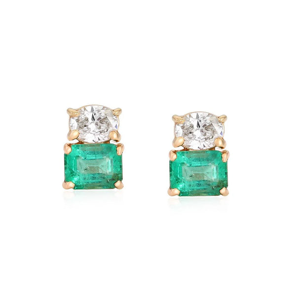 Oval Diamond and Emerald Stud Earrings
