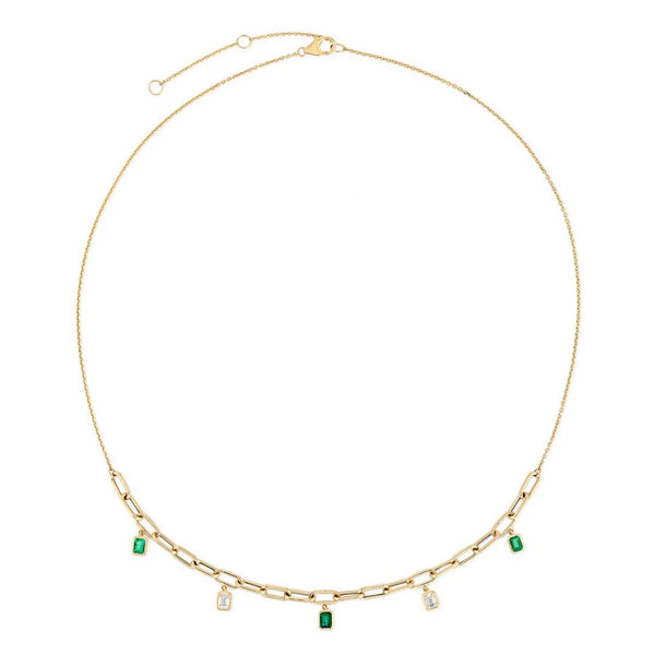 Emerald Cut Diamond and Emerald Cut Emerald Paperclip Chain Necklace