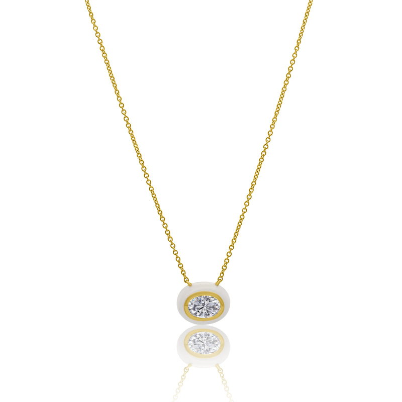 Gold and White Enamel Bezel Set Oval White Topaz Necklace