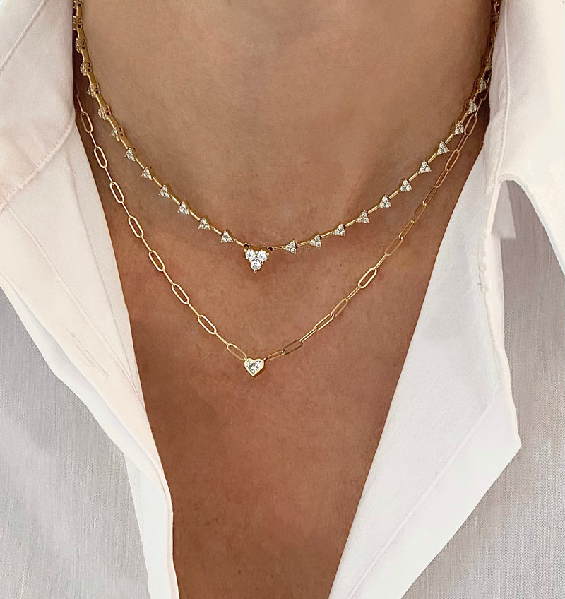 14k Gold Paperclip Chain and Diamond Heart Necklace