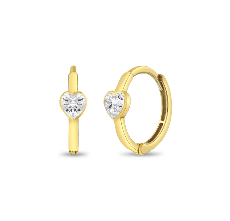 14k Gold & "Diamond" Heart Hoop Earrings