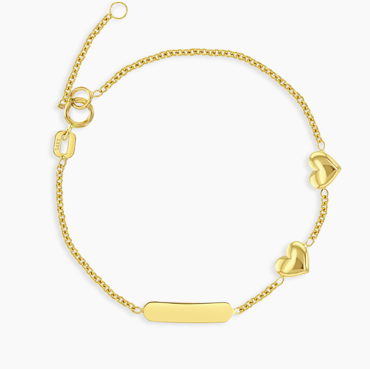 Children's Engravable Gold and Puffy Heart Charm Bracelet